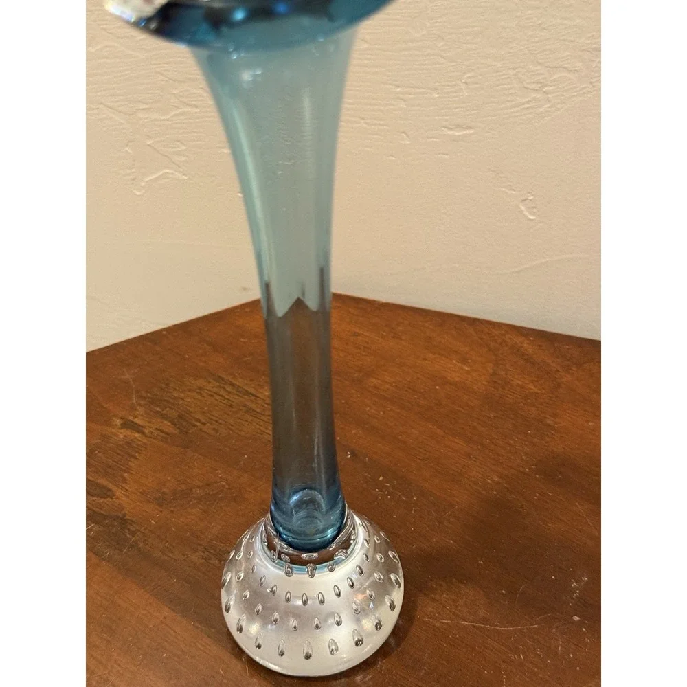 VTG Swedish Art Glass Bo Borgstrom Aseda Calla Blue Bone Bubbles Vase 9